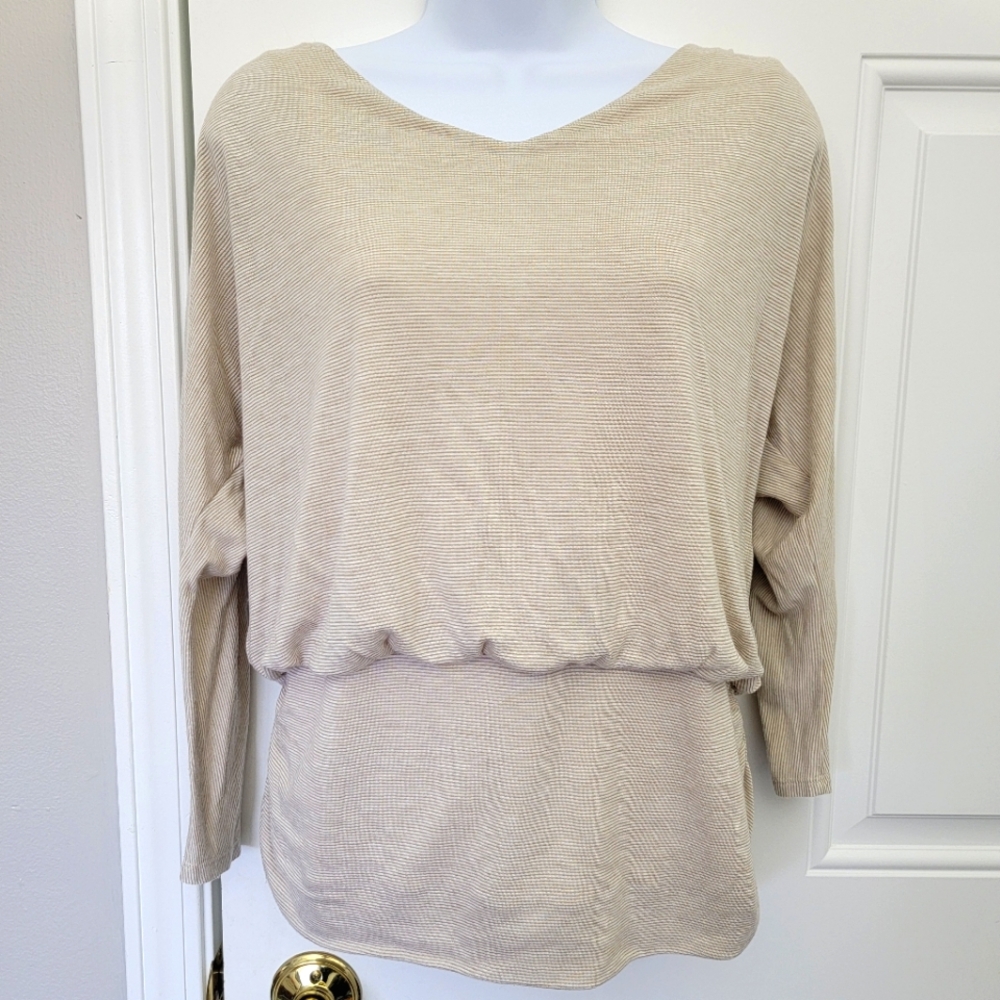 WHBM Cream Beige Banded Hem Blouson Dolman Sleeve Top Criss Cross Back Size M